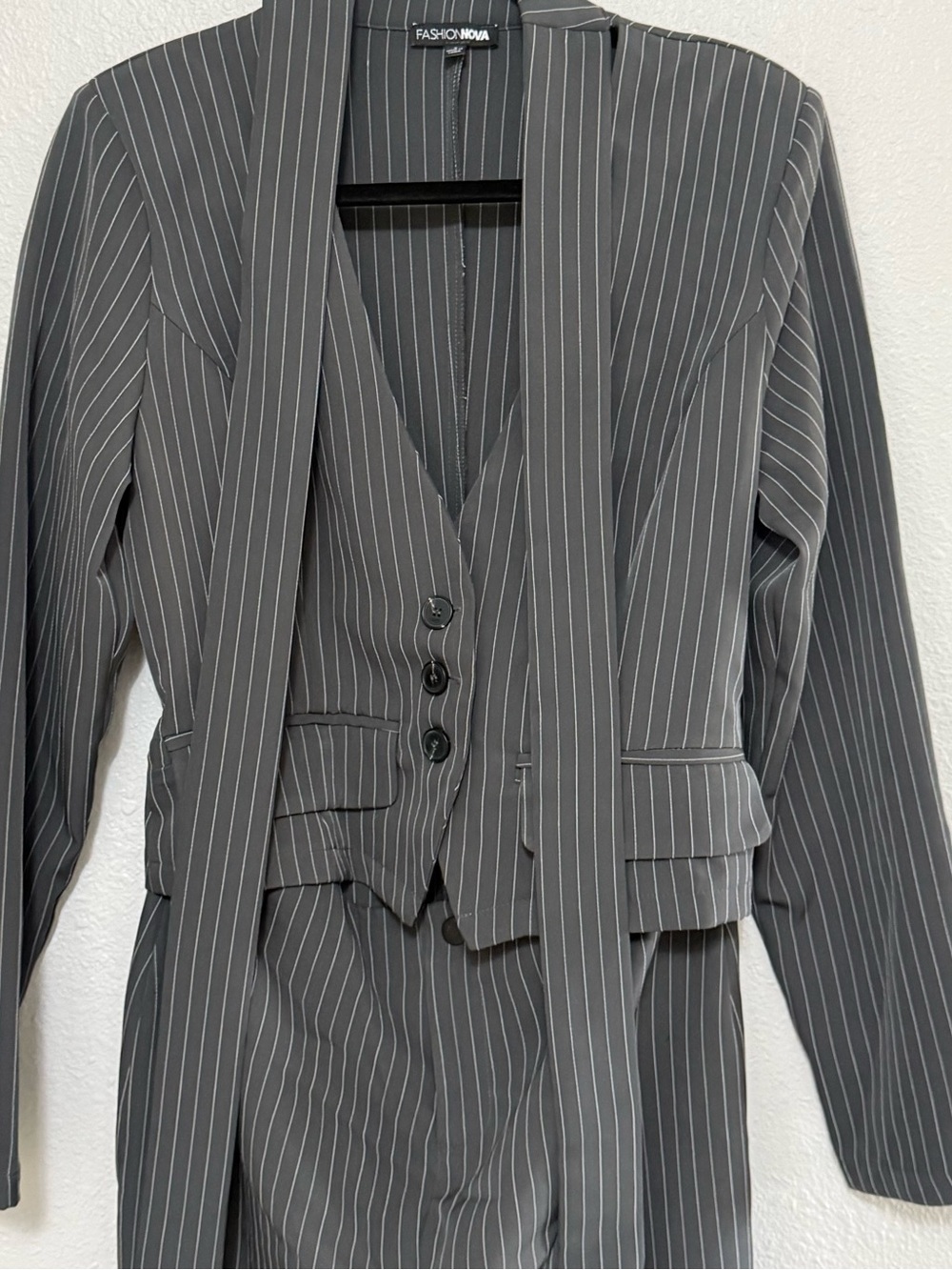 Fashion Nova Charcoal Pinstripe Blazer and Vest Set